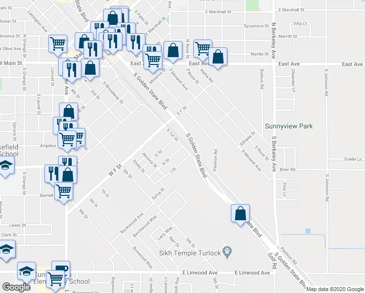 map of restaurants, bars, coffee shops, grocery stores, and more near 100 H Street in Turlock