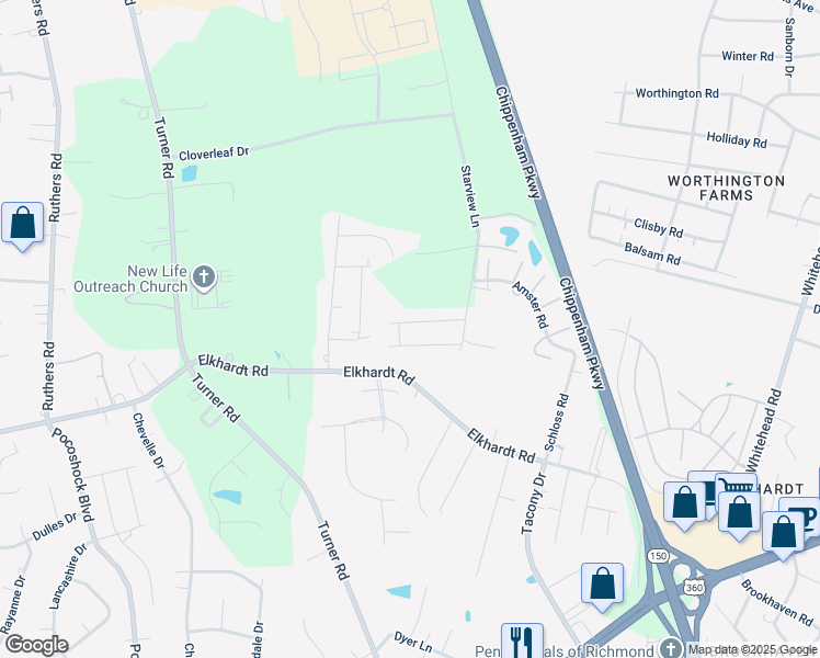 map of restaurants, bars, coffee shops, grocery stores, and more near 7117 Nesbitt Drive in Richmond