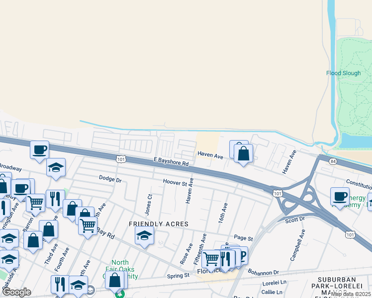 map of restaurants, bars, coffee shops, grocery stores, and more near 3499 East Bayshore Road in Redwood City