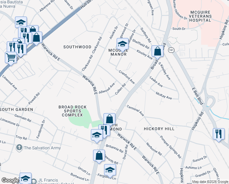 map of restaurants, bars, coffee shops, grocery stores, and more near 2237 Cullen Road in Richmond
