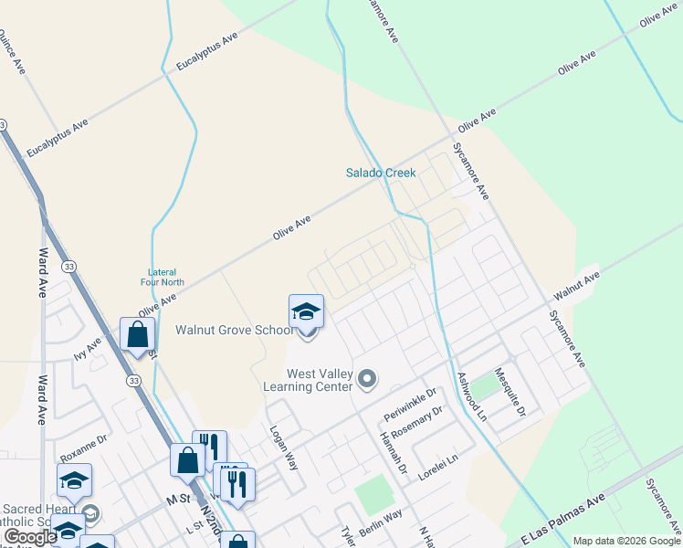 map of restaurants, bars, coffee shops, grocery stores, and more near 673 Walnut Avenue in Patterson