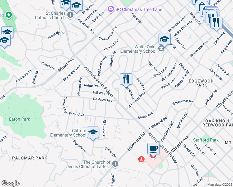 map of restaurants, bars, coffee shops, grocery stores, and more near 1460 Alameda de las Pulgas in San Carlos