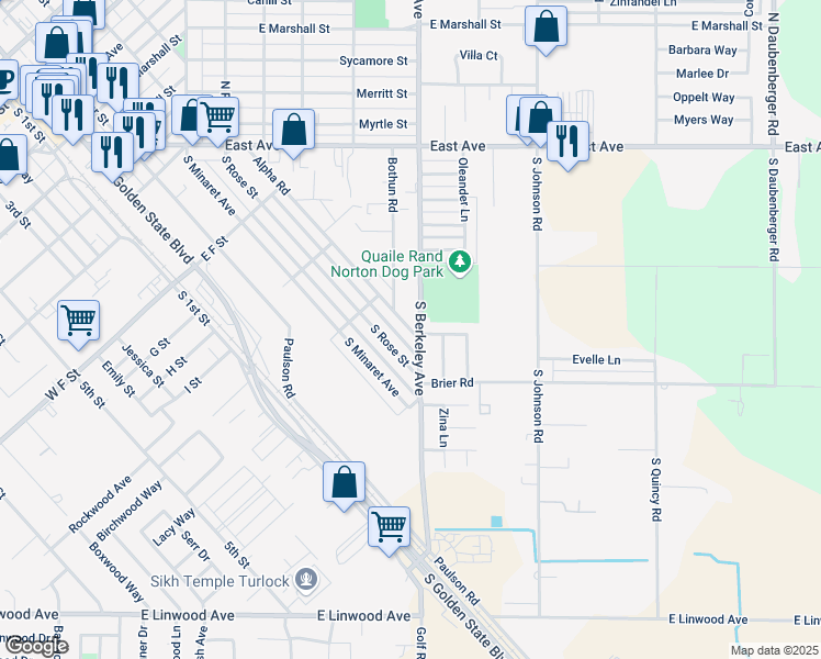 map of restaurants, bars, coffee shops, grocery stores, and more near 1175 Alpha Road in Turlock