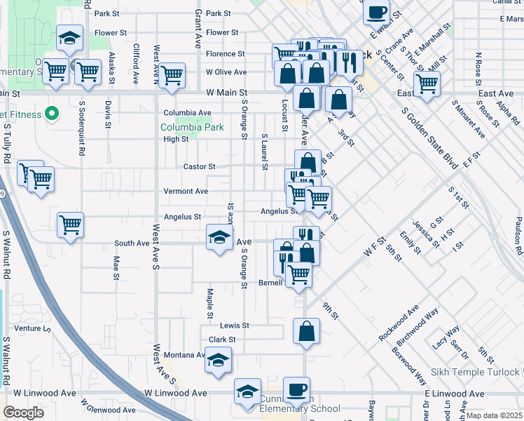 map of restaurants, bars, coffee shops, grocery stores, and more near 321 South Avenue in Turlock