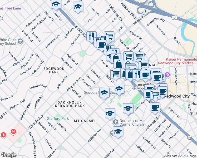 map of restaurants, bars, coffee shops, grocery stores, and more near 1376 Hopkins Avenue in Redwood City