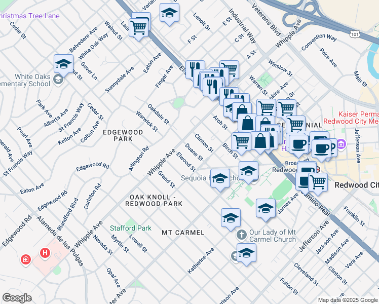 map of restaurants, bars, coffee shops, grocery stores, and more near 63 Elwood Street in Redwood City