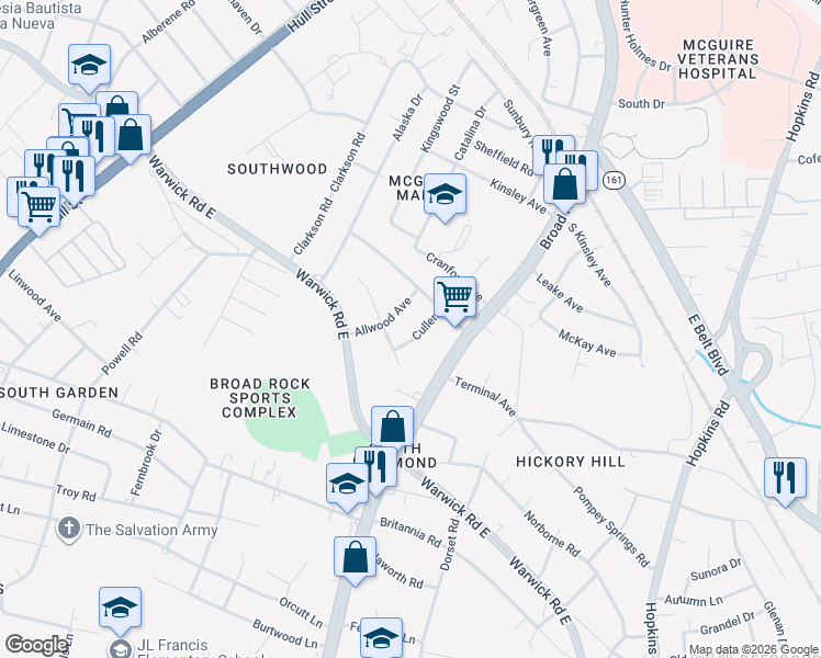 map of restaurants, bars, coffee shops, grocery stores, and more near 2237 Cullen Road in Richmond