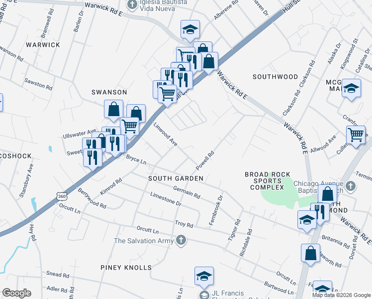 map of restaurants, bars, coffee shops, grocery stores, and more near 1916 Ellington Street in Richmond