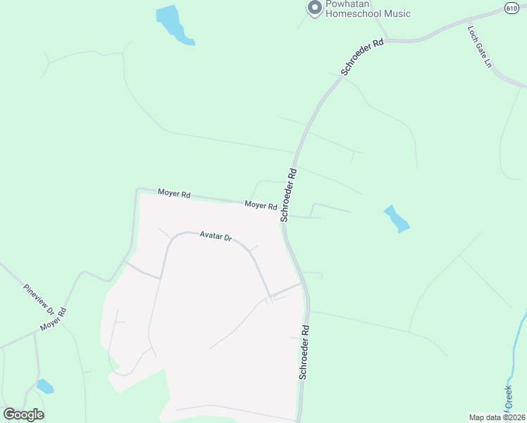 map of restaurants, bars, coffee shops, grocery stores, and more near 1242 Avatar Drive in Powhatan