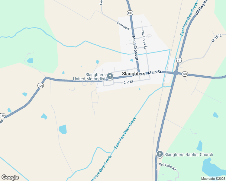 map of restaurants, bars, coffee shops, grocery stores, and more near 266-270 2nd Street in Slaughters