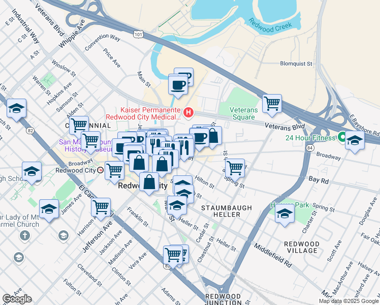 map of restaurants, bars, coffee shops, grocery stores, and more near 1833 Broadway in Redwood City