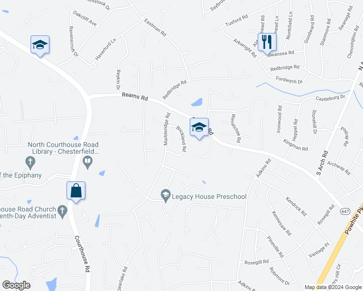 map of restaurants, bars, coffee shops, grocery stores, and more near 308 Brickland Road in Richmond