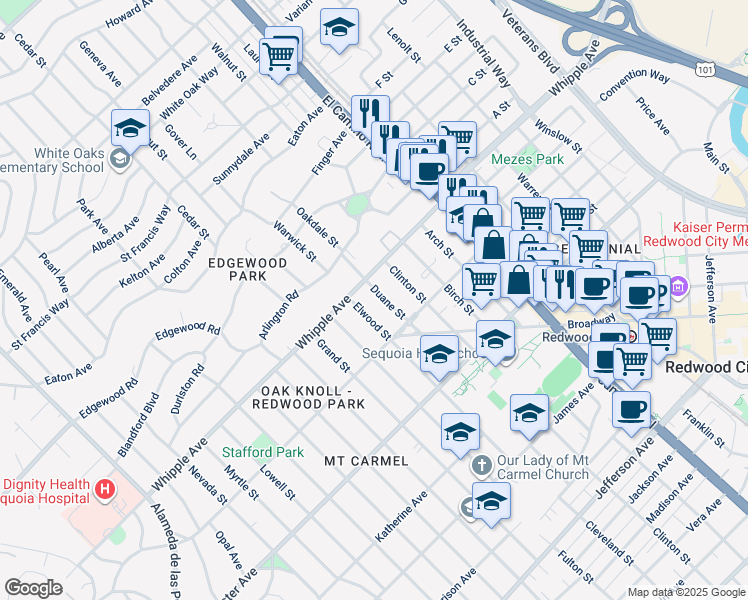 map of restaurants, bars, coffee shops, grocery stores, and more near 22 Duane Street in Redwood City