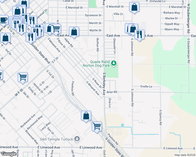 map of restaurants, bars, coffee shops, grocery stores, and more near 700 South Berkeley Avenue in Turlock