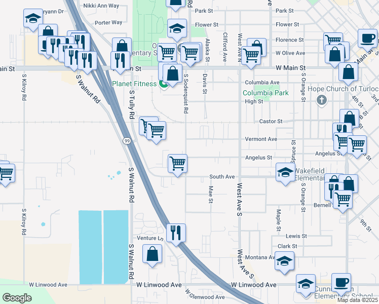 map of restaurants, bars, coffee shops, grocery stores, and more near 1150 Angelus Street in Turlock