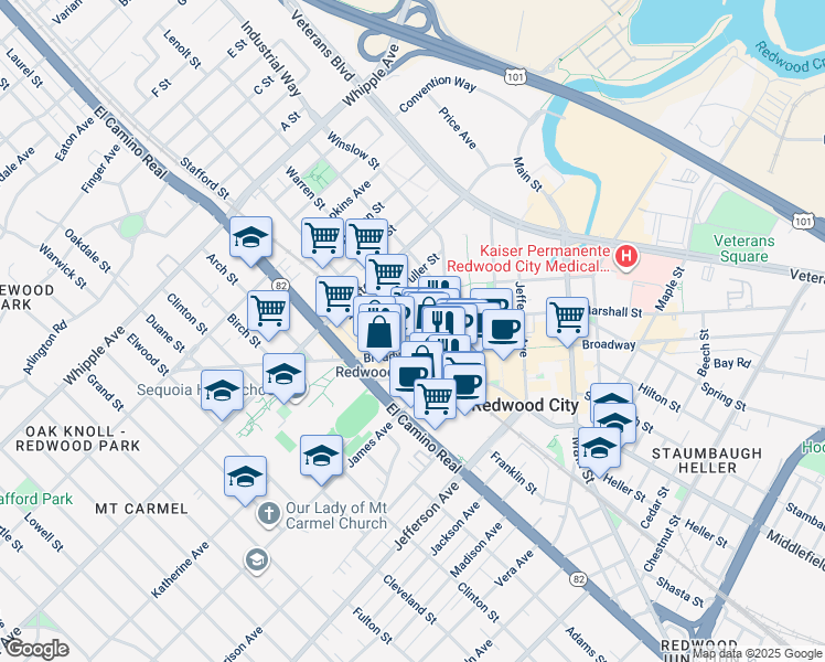 map of restaurants, bars, coffee shops, grocery stores, and more near 312 Arguello Street in Redwood City