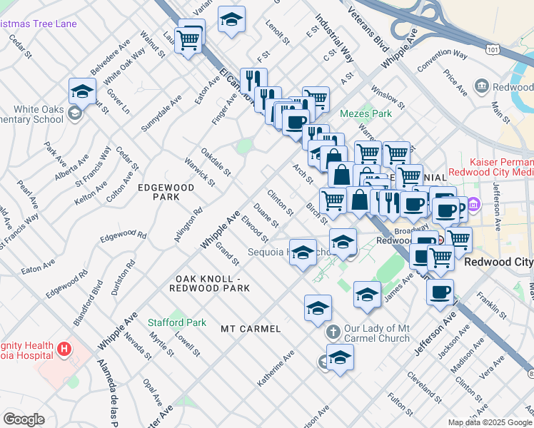 map of restaurants, bars, coffee shops, grocery stores, and more near 63 Elwood Street in Redwood City