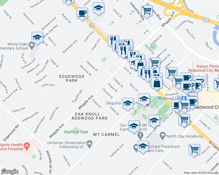 map of restaurants, bars, coffee shops, grocery stores, and more near 63 Elwood Street in Redwood City