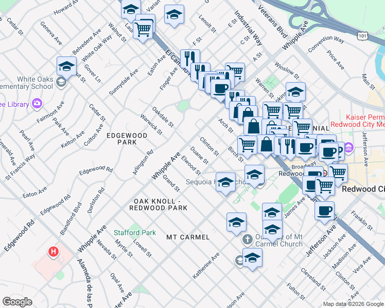 map of restaurants, bars, coffee shops, grocery stores, and more near 22 Duane Street in Redwood City