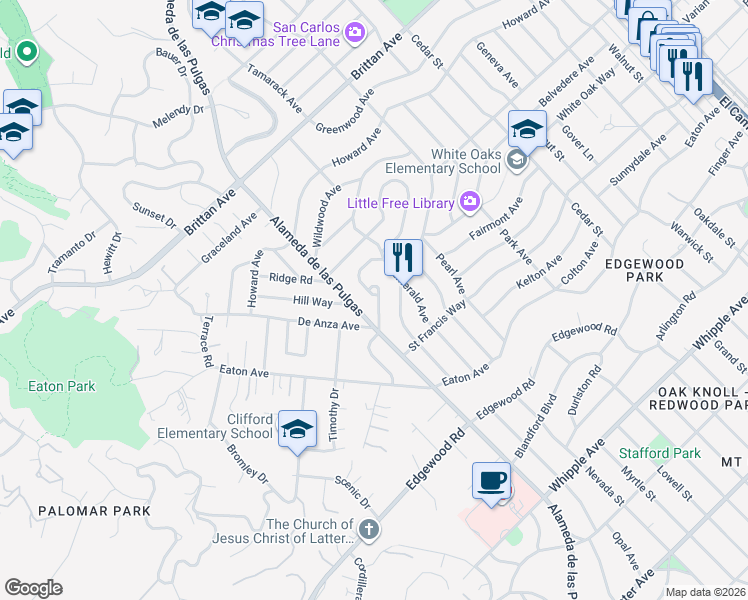 map of restaurants, bars, coffee shops, grocery stores, and more near 80 Hilltop Drive in San Carlos