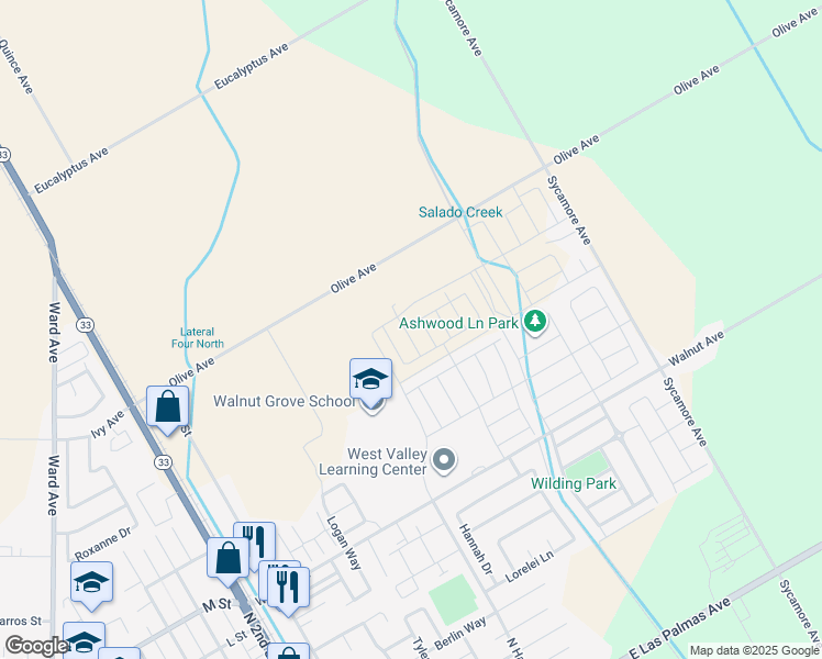 map of restaurants, bars, coffee shops, grocery stores, and more near 673 Walnut Avenue in Patterson