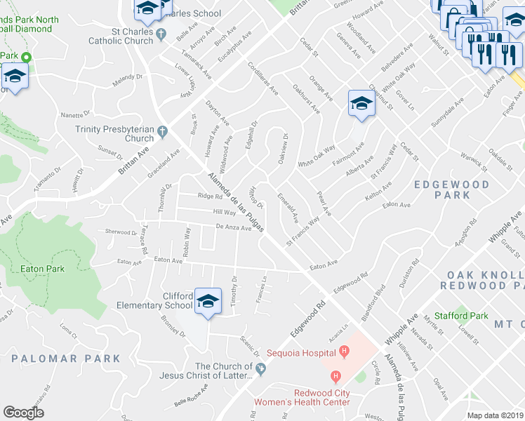 map of restaurants, bars, coffee shops, grocery stores, and more near 80 Hilltop Drive in San Carlos