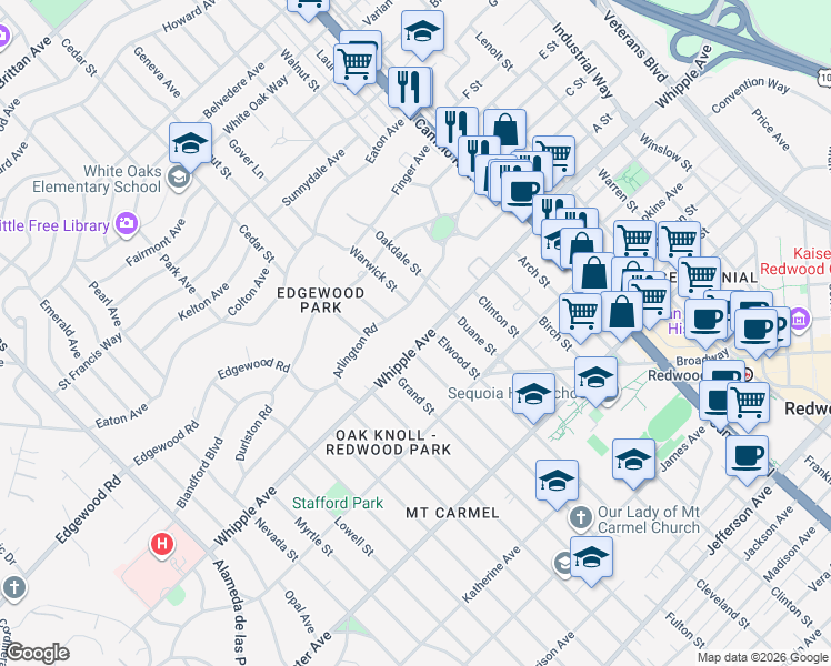map of restaurants, bars, coffee shops, grocery stores, and more near 15 Fulton Street in Redwood City