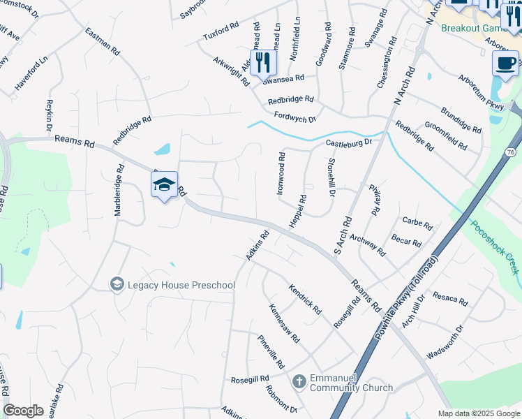 map of restaurants, bars, coffee shops, grocery stores, and more near 211 Reams Court in Richmond