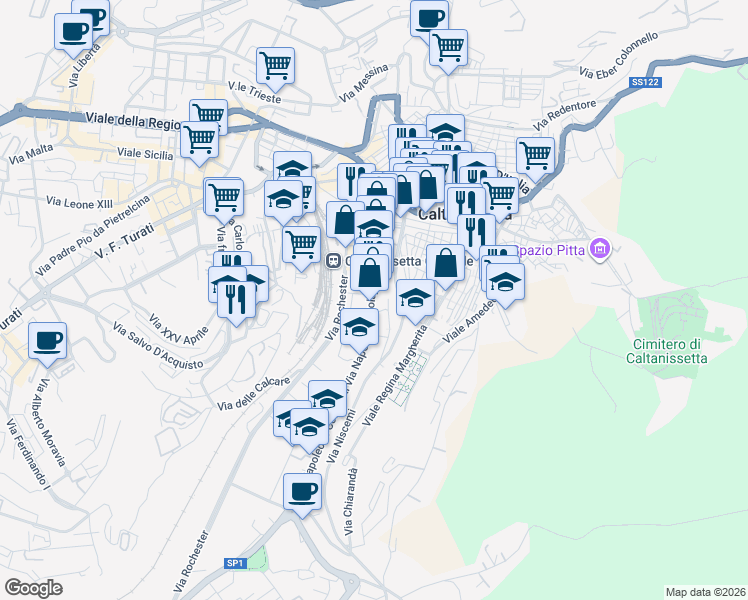 map of restaurants, bars, coffee shops, grocery stores, and more near 2-10 Via Ruggero VII in Caltanissetta