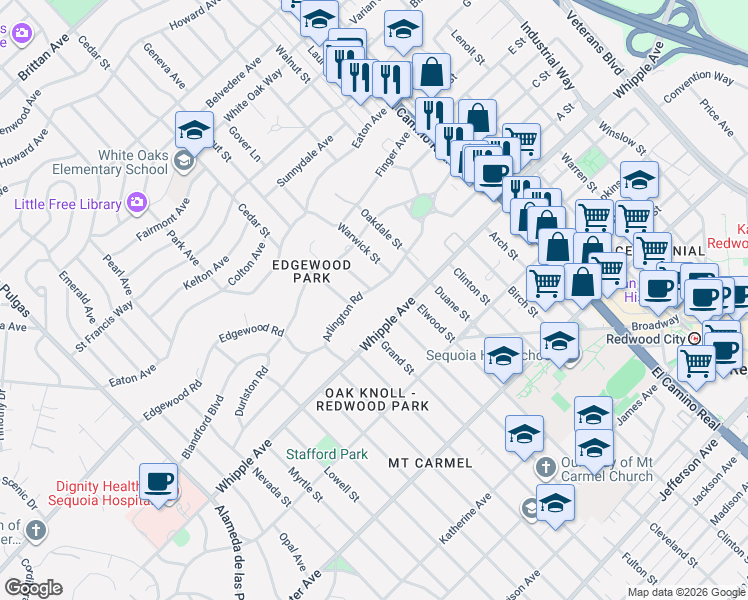 map of restaurants, bars, coffee shops, grocery stores, and more near 503 Arlington Road in Redwood City