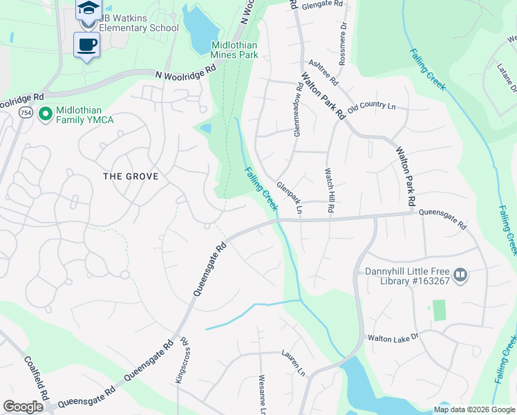 map of restaurants, bars, coffee shops, grocery stores, and more near 13136 Queensgate Road in Midlothian