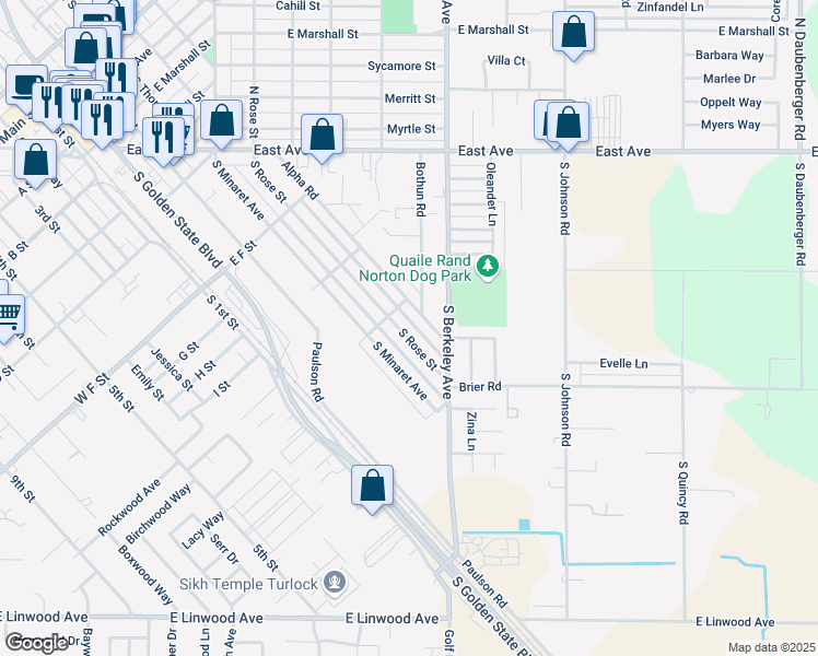 map of restaurants, bars, coffee shops, grocery stores, and more near 1156 South Rose Street in Turlock