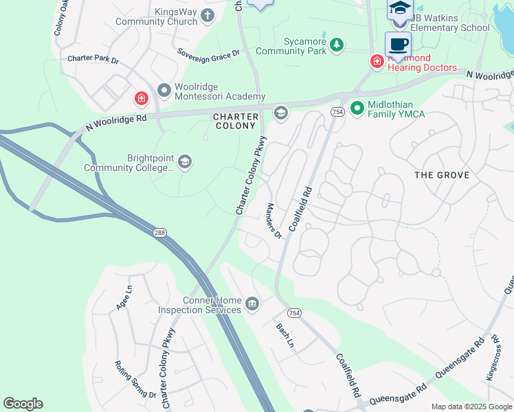 map of restaurants, bars, coffee shops, grocery stores, and more near 901 Madrona Street in Midlothian