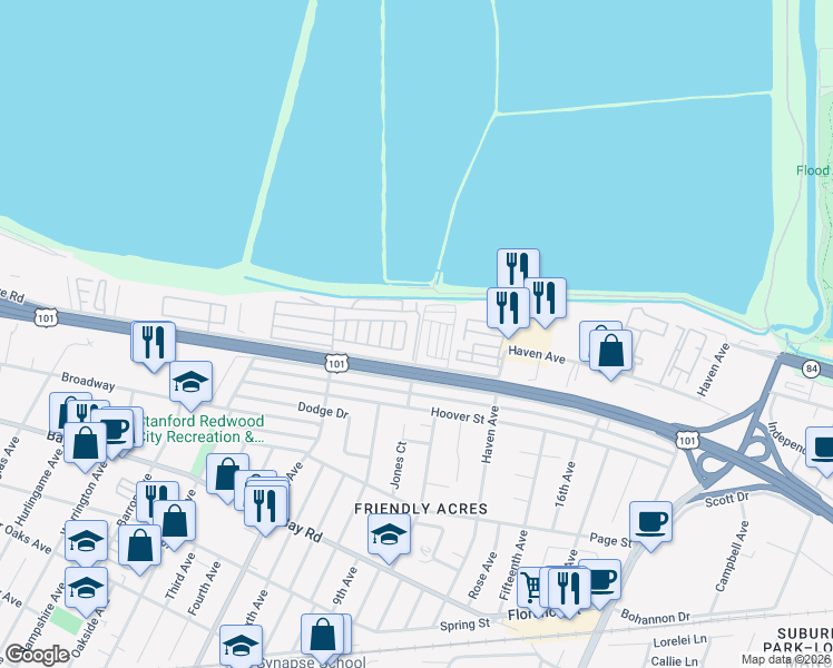 map of restaurants, bars, coffee shops, grocery stores, and more near 3015 East Bayshore Road in Redwood City