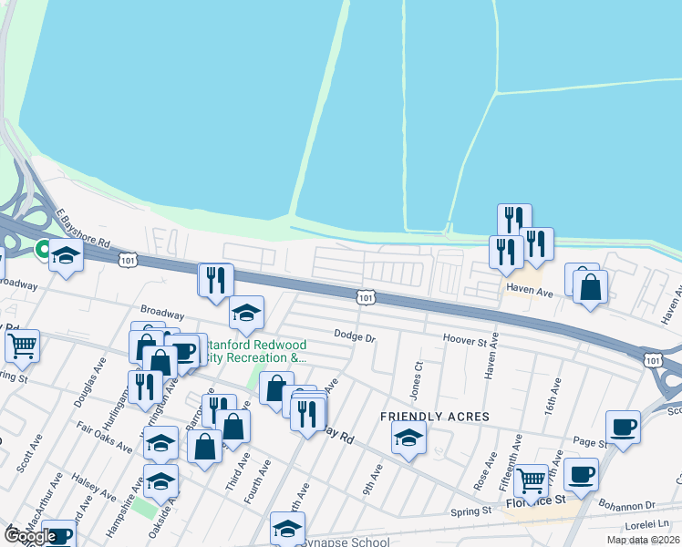 map of restaurants, bars, coffee shops, grocery stores, and more near 3015 East Bayshore Road in Redwood City