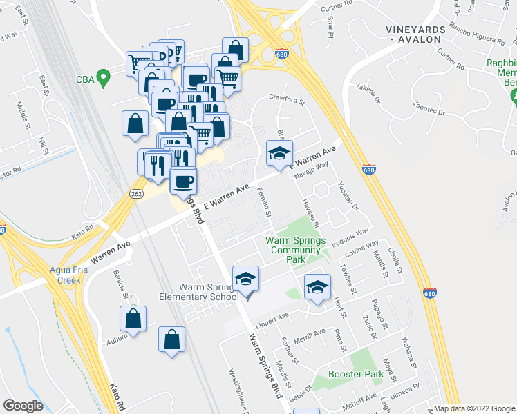 map of restaurants, bars, coffee shops, grocery stores, and more near 286 Hackamore Common in Fremont