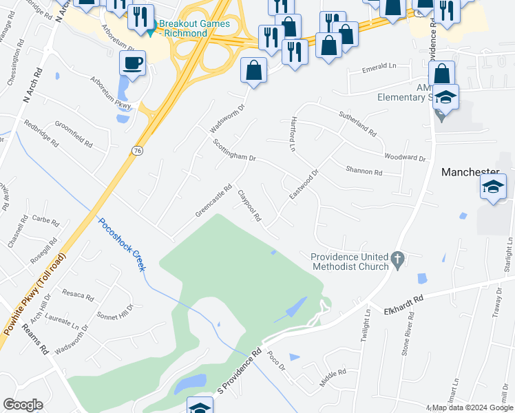 map of restaurants, bars, coffee shops, grocery stores, and more near 8624 Claypool Road in Richmond
