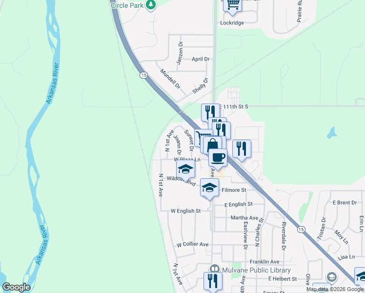 map of restaurants, bars, coffee shops, grocery stores, and more near 1201 Joann Dr in Mulvane