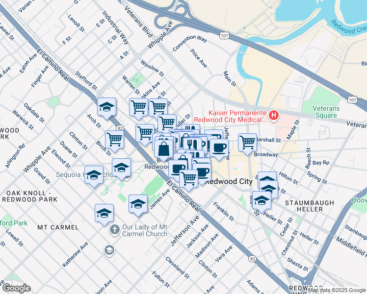 map of restaurants, bars, coffee shops, grocery stores, and more near 312 Arguello Street in Redwood City