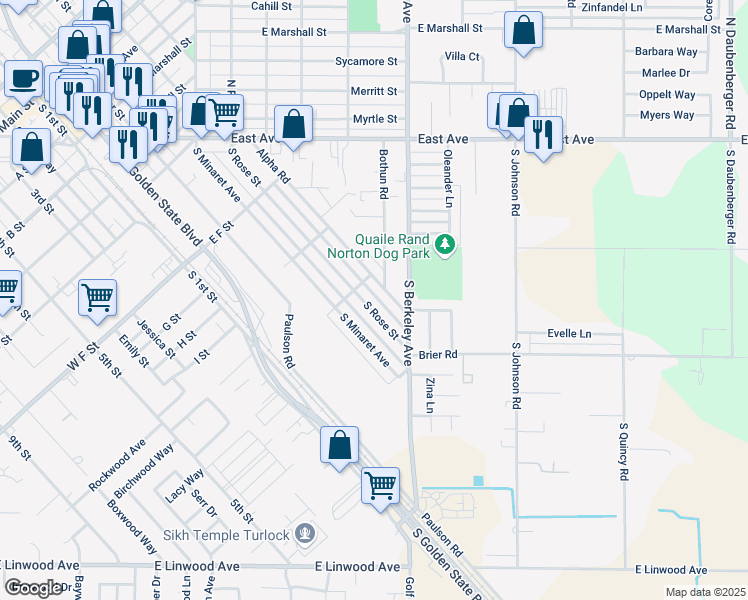 map of restaurants, bars, coffee shops, grocery stores, and more near 1156 South Rose Street in Turlock