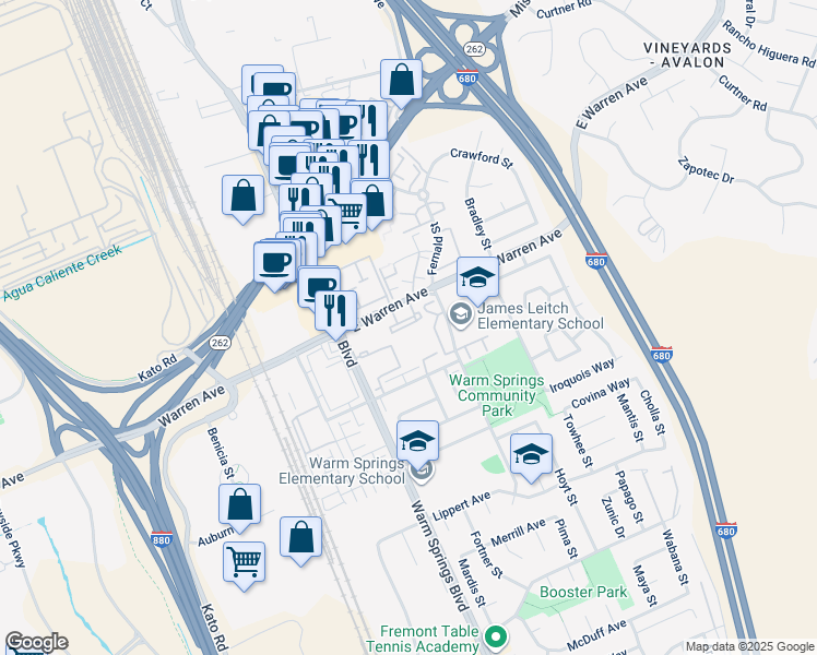 map of restaurants, bars, coffee shops, grocery stores, and more near 286 Hackamore Common in Fremont