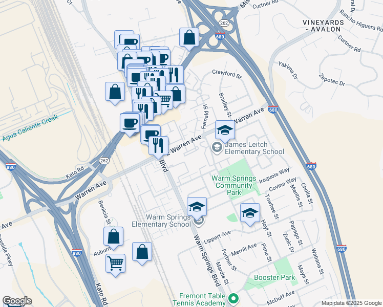 map of restaurants, bars, coffee shops, grocery stores, and more near 47112 Warm Springs Boulevard in Fremont