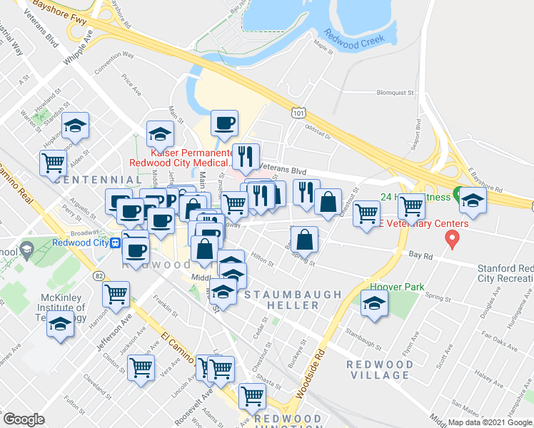 map of restaurants, bars, coffee shops, grocery stores, and more near 1775 Broadway in Redwood City