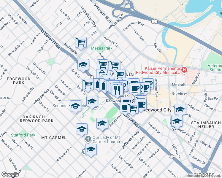 map of restaurants, bars, coffee shops, grocery stores, and more near 757 California 82 in Redwood City