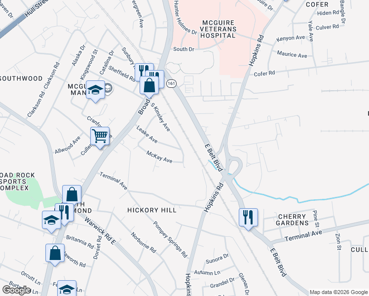 map of restaurants, bars, coffee shops, grocery stores, and more near 4000 McKay Avenue in Richmond