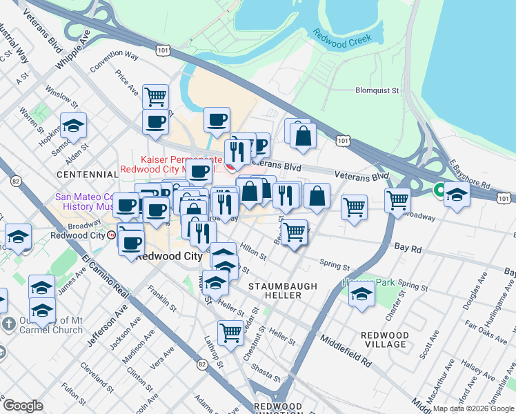 map of restaurants, bars, coffee shops, grocery stores, and more near 1775 Broadway in Redwood City