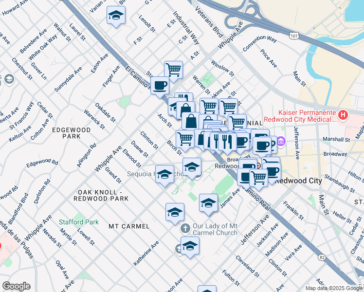 map of restaurants, bars, coffee shops, grocery stores, and more near 173 Birch Street in Redwood City