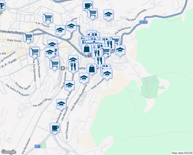 map of restaurants, bars, coffee shops, grocery stores, and more near 39 Via Castrogiovanni in Caltanissetta