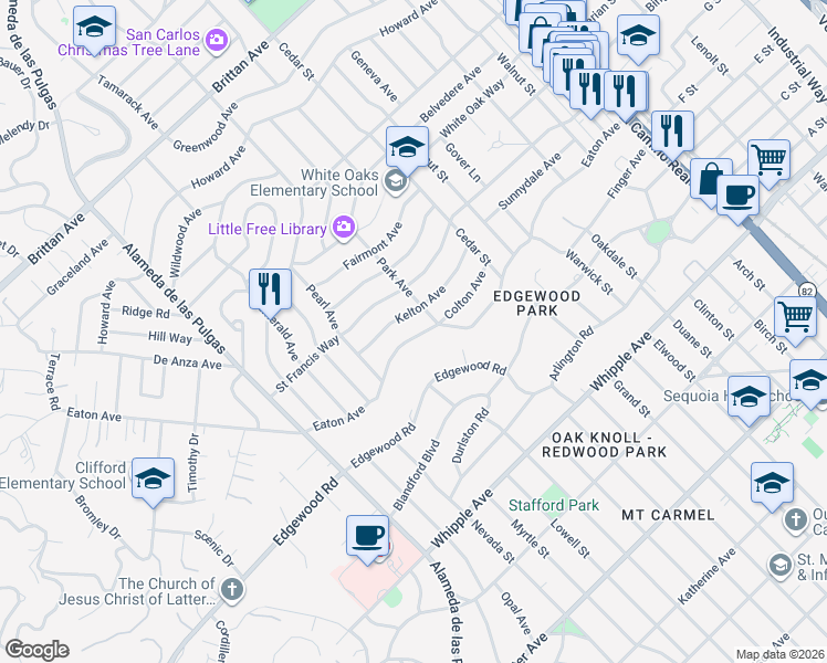 map of restaurants, bars, coffee shops, grocery stores, and more near 2024 Eaton Avenue in San Carlos