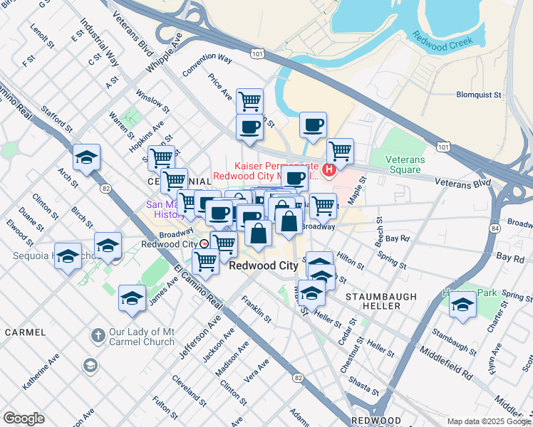 map of restaurants, bars, coffee shops, grocery stores, and more near 755 Marshall Street in Redwood City